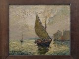 an oil painting of a sailboat in a body of water with a castle in the background