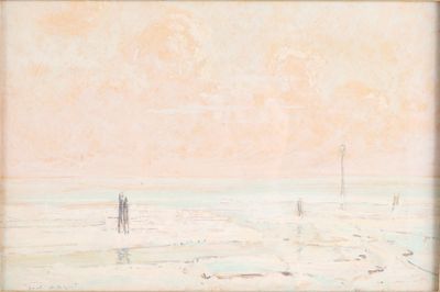 tableau représentant deux personnes marchant sur une plage au bord de la mer
