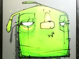 painting of a green face with a black outline on a gray background