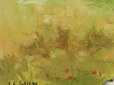 a painting of a sheep in a field with red flowers