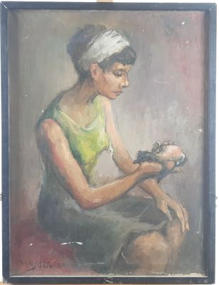 an oil painting of a woman in a green dress holding a bird