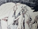 a drawing of a man and a woman standing in front of a horse