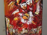 tableau représentant une femme en robe rouge portant un masque