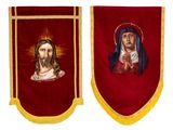 two red and gold banners with a picture of jesus and mary on them