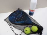 a tennis racket and two tennis balls in a mesh bag