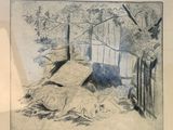 framed drawing of a pile of hay in a wooden frame