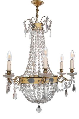 LUSTRE MONTGOLFIERE en laiton doré de style Empire à enfilade de perle