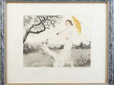 tableau représentant une femme en robe blanche tenant un parapluie jaune