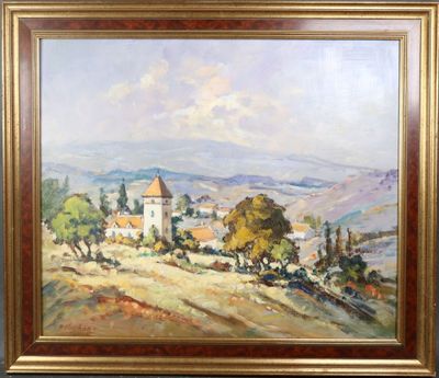 a painting of a landscape with a church in the distance