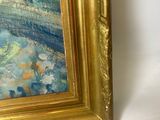 an oil painting of a bridge over a river in a gold frame
