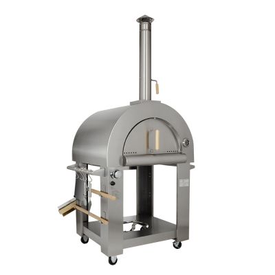 an outdoor pizza oven sitting on top of a metal cart