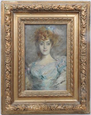 a painting of a woman in a blue dress in a gold frame