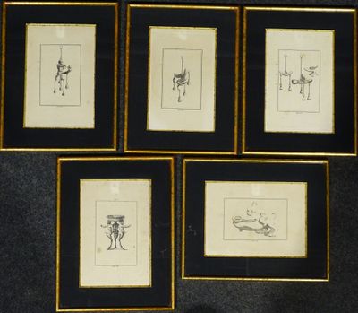 four framed drawings of a man and a woman on a wall