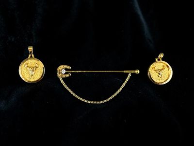 a close up of a gold necklace and a pair of earrings