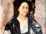 un tableau représentant une femme portant un chapeau noir et une robe noire