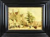 une peinture à l'huile représentant une scène de rue avec une calèche au premier plan