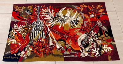 Hervé LELONG (1937), Instruments de musique et oiseaux, Tapi… - Photo 1