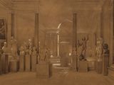 un dessin représentant une pièce avec des statues et des tableaux accrochés aux murs