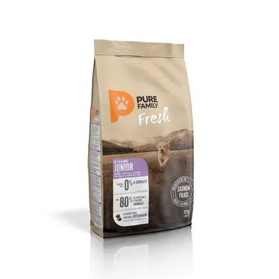 a bag of dog food sitting on top of a white surface