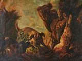 an oil painting of a man and a dog in a landscape