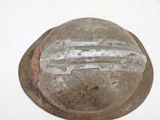 an old helmet that has been worn on a white surface