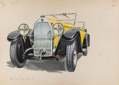 dessin d'une voiture jaune et noire sur fond beige