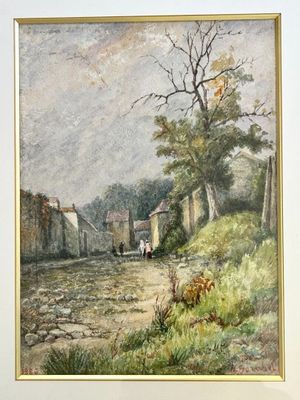 tableau représentant une scène de village avec, au premier plan, une calèche tirée par un cheval et un homme à cheval