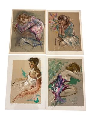 four different colored drawings of a woman sitting on a chair