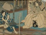 a picture of two women sitting on a bench in a room