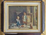 une image représentant un tableau où l'on voit deux enfants et un chien dans une grange
