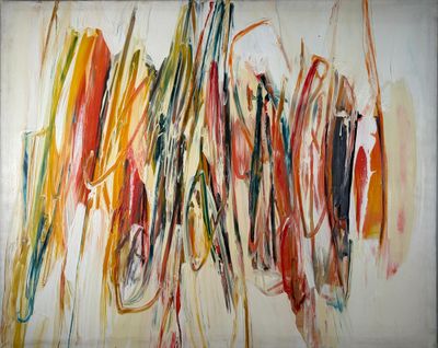 peinture abstraite composée de lignes et de formes multicolores sur fond blanc