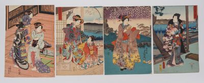 four paintings of women dressed in kimono are hanging on a wall
