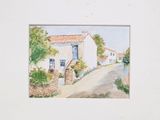 a watercolor painting of a house on the side of the road