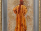 an oil painting of a man in a yellow robe standing in front of a white wall