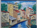 une image d'une peinture d'une ville au bord de l'eau