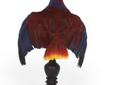une image représentant un oiseau rouge et bleu posé sur un socle noir