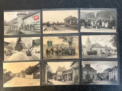 several old black and white photos of people standing in front of a building
