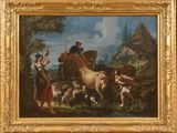 an image of a painting of a man on a horse with a group of animals