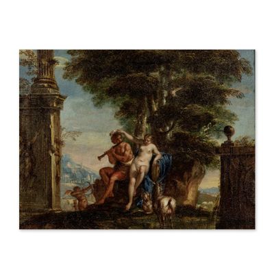un tableau représentant deux hommes et un chien dans un décor boisé