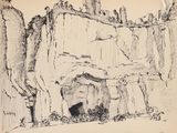 un dessin en noir et blanc représentant une grotte dans les montagnes