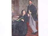 une peinture représentant un homme et une femme assis sur un canapé