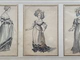 three drawings of women in dresses and hats, one of which is wearing a hat and the other of which