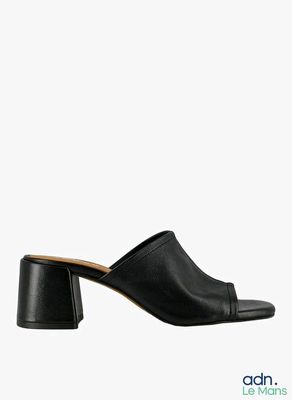 black leather mulers with a block heel and open toe
