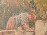 an oil painting of a woman washing her hands in a well
