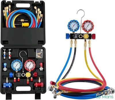 quelques manomètres et flexibles dans un coffret