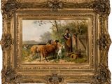 une image représentant un tableau où l'on voit un homme avec un chien et des moutons dans un champ