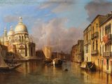 un tableau représentant un canal avec des bateaux dessus