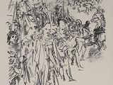 dessin représentant un groupe de personnes marchant dans une rue, des drapeaux à la main