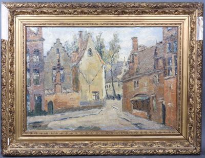 une peinture à l'huile représentant une scène de rue avec une église à l'arrière-plan