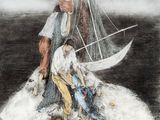 painting of a man and woman on a boat in the ocean